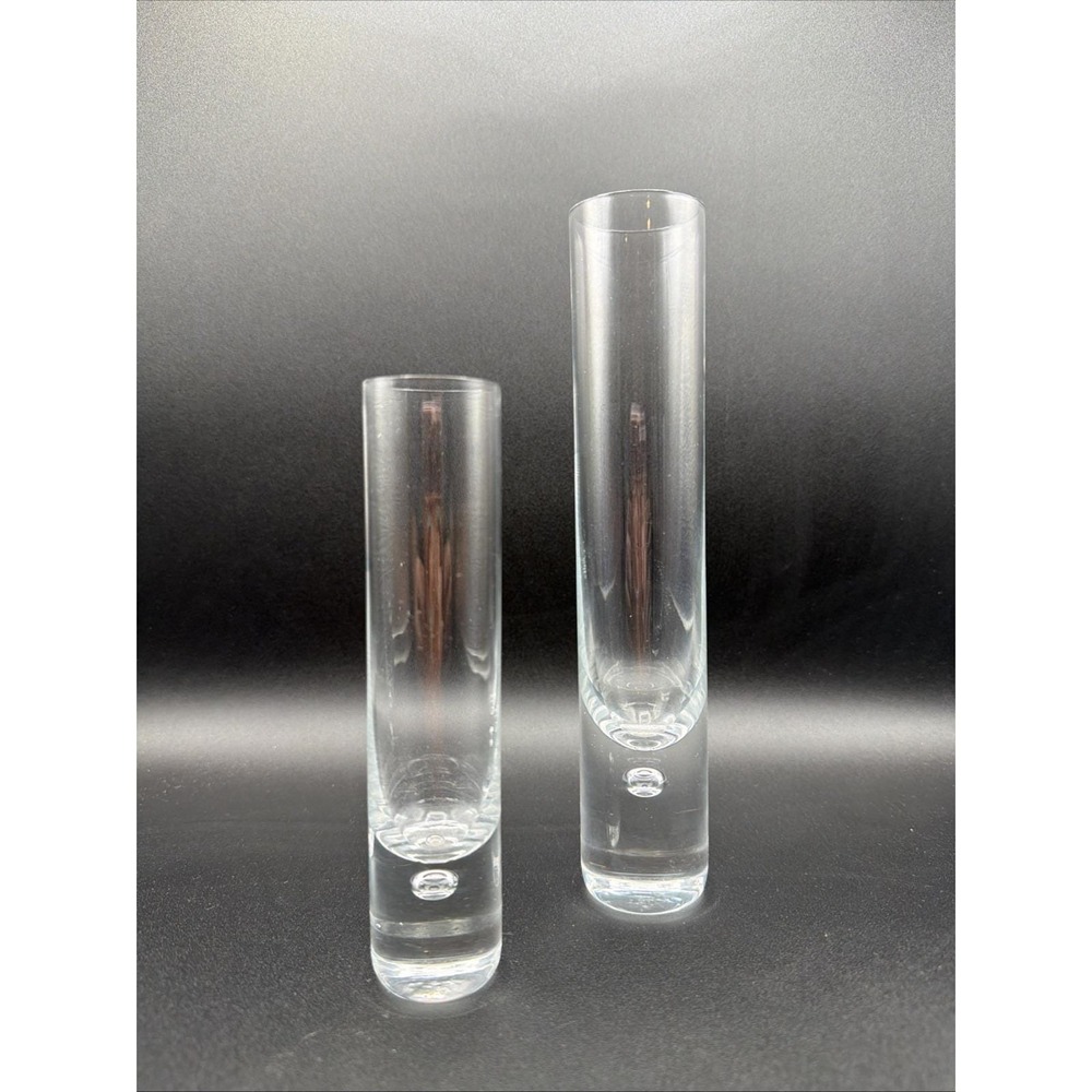 MCM Art Glass Clear Controlled Bubble Cylinder Vases 6 & 8.5 In Heavy Base